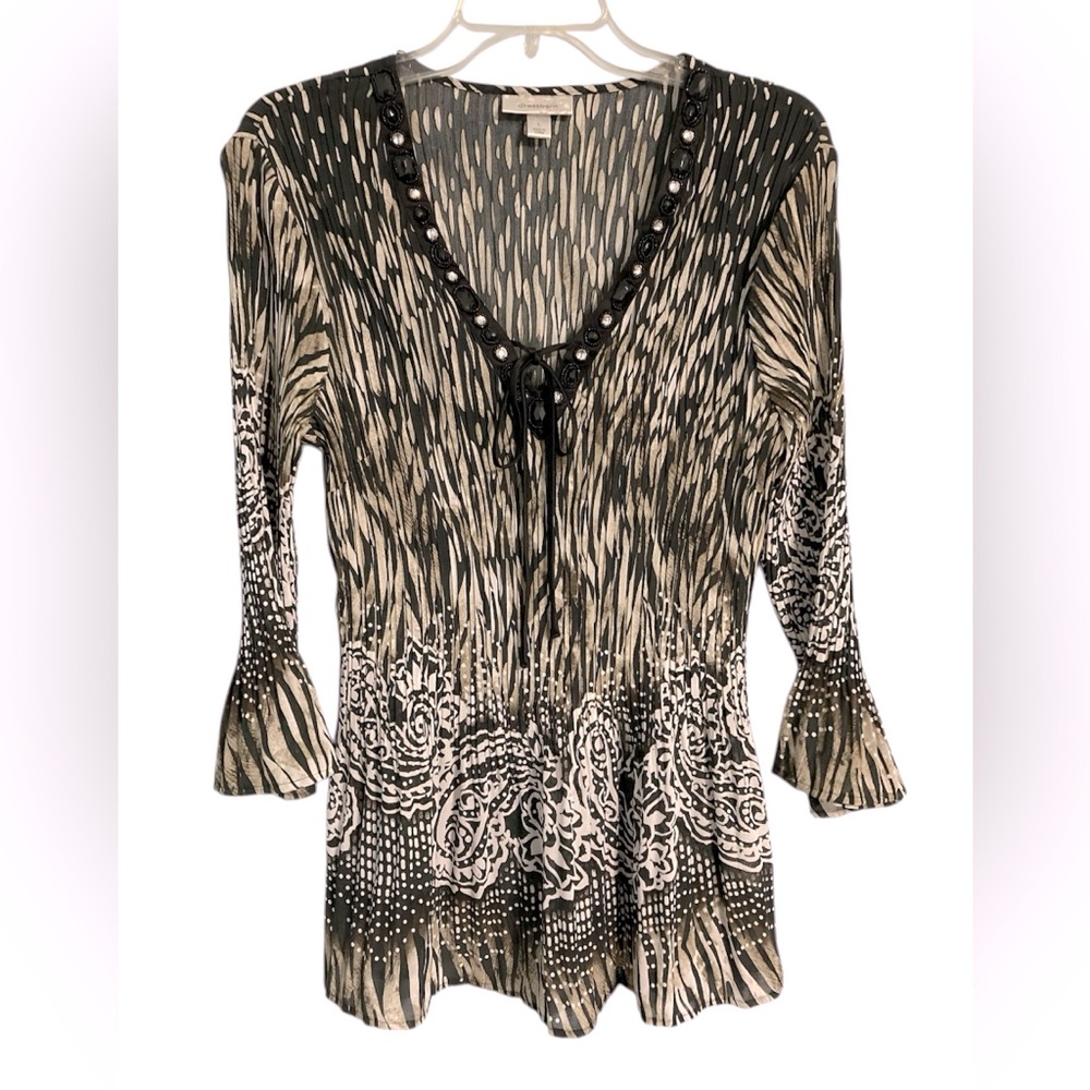 Dressbarn tie v-neck black tan white olive beaded 3/4 sleeve blouse Size L